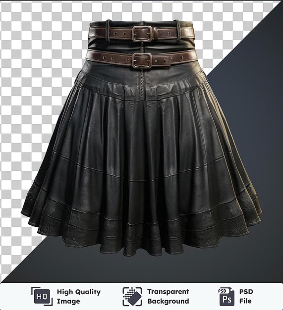 PSD the image shows a black skirt with a metal buckle and a leather and brown belt worn by a person with a leather and black arm the skirt is made of leather and has a metal and