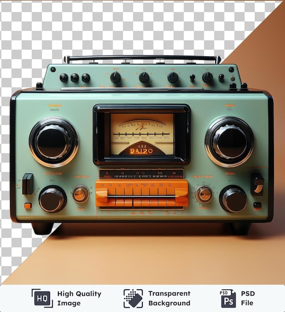 PSD the image shows a radio with an orange and black screen and a black knob accompanied by a radio with an orange and black screen and a black knob the radio is placed against a wall