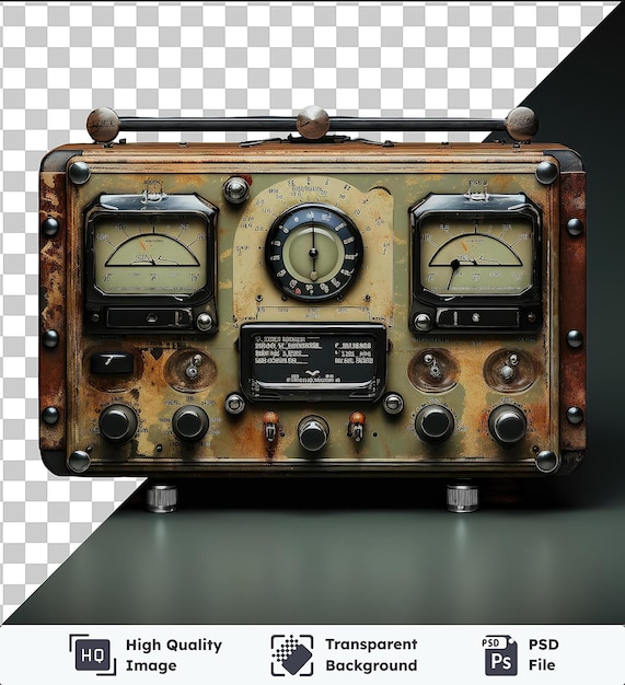 PSD the image shows a vintage radio with a silver knob on the left side displaying the time on the right side there is a radio with the text radio radio radio radio