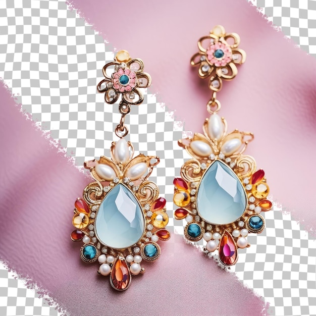 PSD imitation jewelry macro image of fancy earrings on transparent background