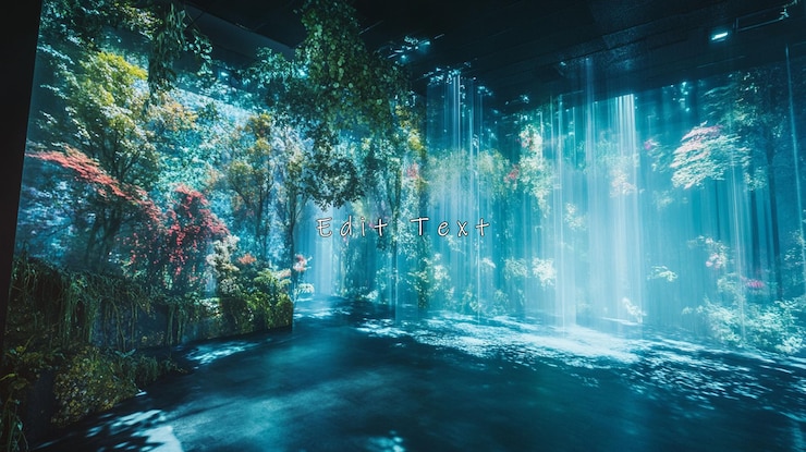PSD immersive waterfall and lush foliage indoor environment