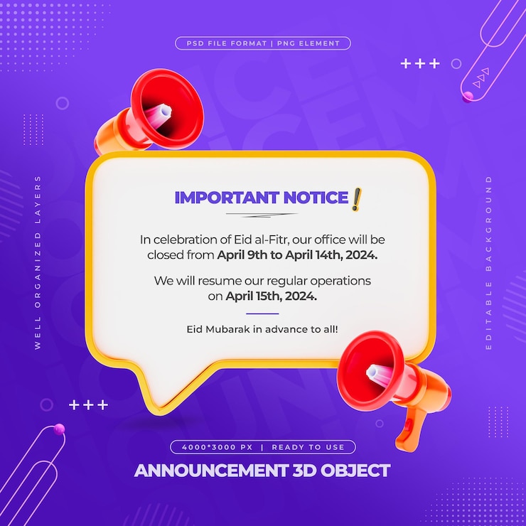 PSD important announcement social media post with megaphone 3d