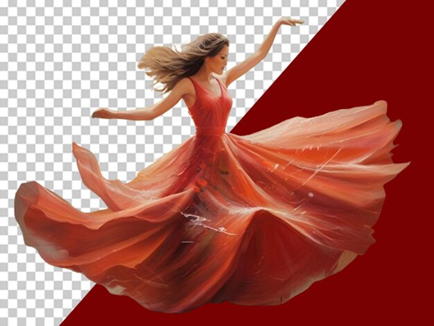 Un dipinto di un'impressione di una donna che indossa un lungo vestito rosso e danza