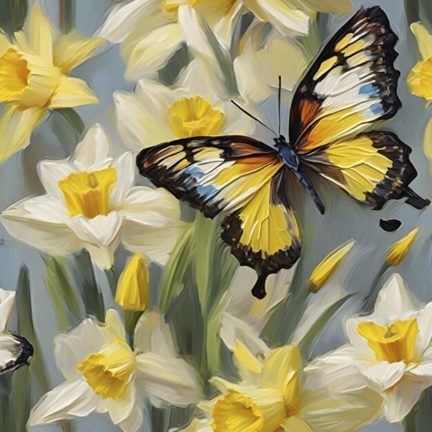 PSD impressionist oil painting of butterflies and flowers