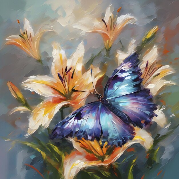 Impressionist oil painting of butterflies and flowers