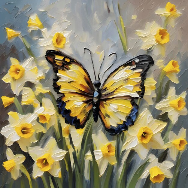 PSD impressionist oil painting of butterflies and flowers