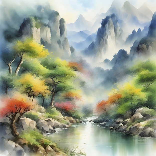 Impressionist watercolor painting of mountains and forests