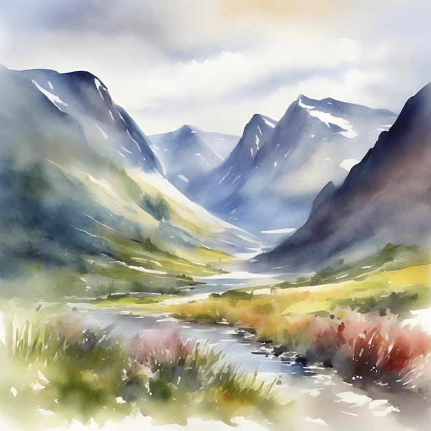 PSD impressionist watercolor painting of mountains and forests
