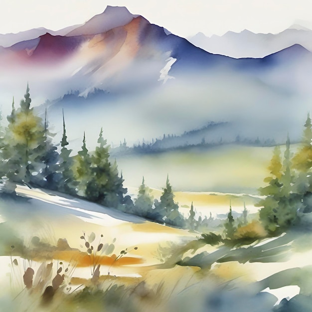 PSD impressionist watercolor painting of mountains and forests