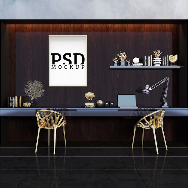 PSD impressive study space featuring gold-plated metal objects and picture frame