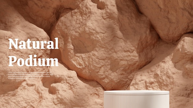 in landscape brown rough rock texture wall 3D render empty scene white color podium