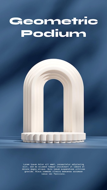 in portrait blue wall, floor, and white arch 3D render mockup space white pillar podium
