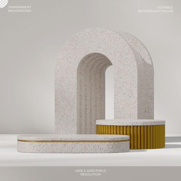 in square arch backdrop 3d rendering transparent background of beige textured terrazzo podium