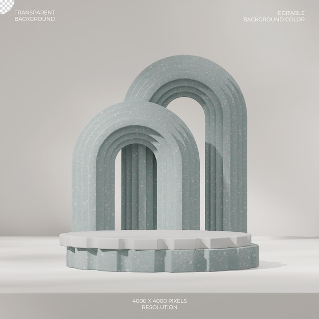 in square terrazzo textured 3d render transparent background of white and green cylinder podium