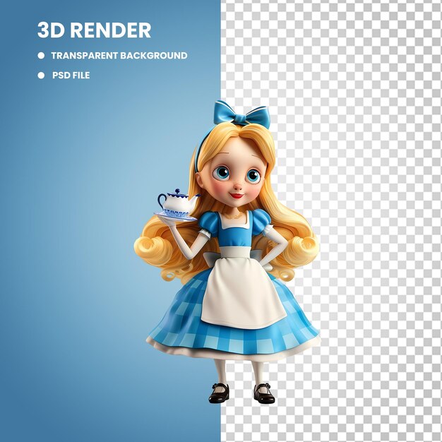 PSD 투명한 '이상한 나라의 앨리스'에서 <unk>색 드레스를 입은 금발 캐릭터가 차 컵을 들고 있습니다.