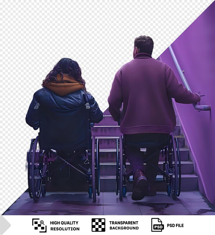 PSD inability in wheelchairs a man in a black wheelchair and a woman in a blue and black wheelchair navigate up a set of stairs with a purple wall in the background and a png psd