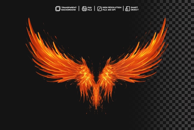 Incandescent flight fire burning wings effect on transparent background