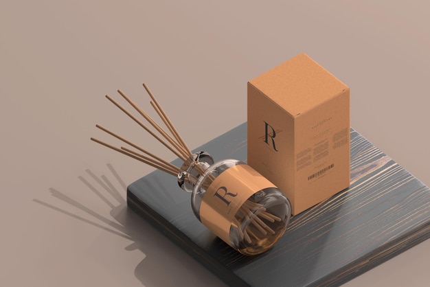 PSD incense air freshener reed diffuser glass bottle with box mockup