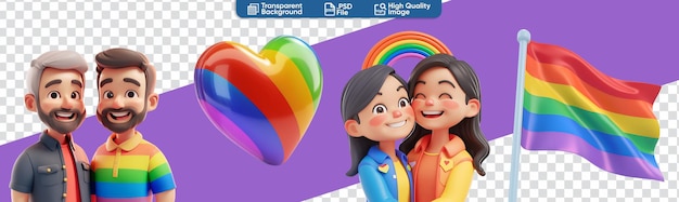 PSD inclusive lgbt pride set heart rainbow flag partners 3d