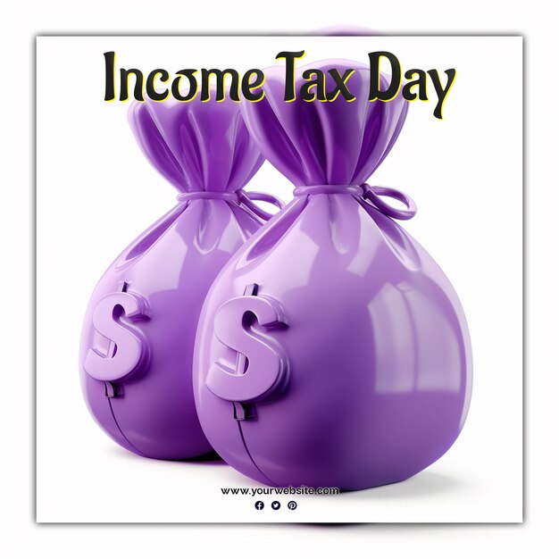 PSD giorno dell'imposta sul reddito documenti monete borsa e bollette servizio finanza tassa con valigetta e monete