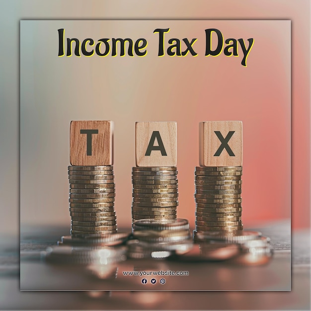 PSD income tax day documents coins bag and bills service finance tax with briefcase and coins