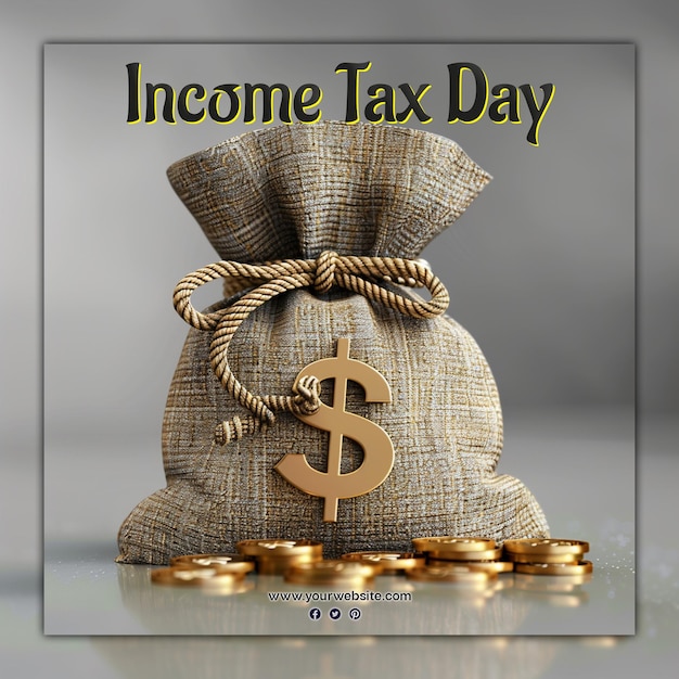 PSD giorno dell'imposta sul reddito documenti monete borsa e bollette servizio finanza tassa con valigetta e monete
