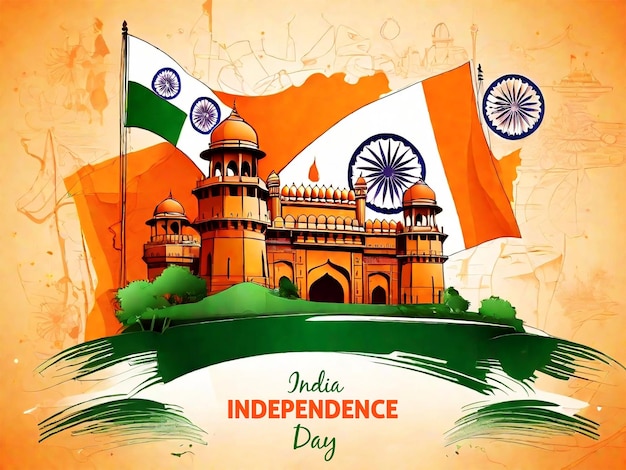 India independence day background with orange fort sketch