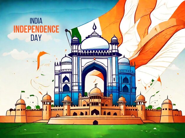 PSD india independence day background with tricolor fort sketch