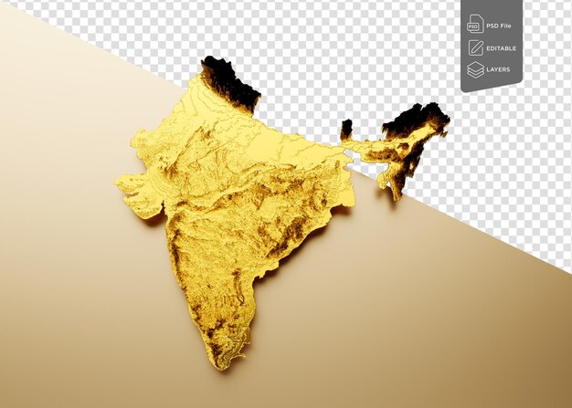 PSD mappa dell'india colore metallo dorato altezza mappa su sfondo beige illustrazione 3d