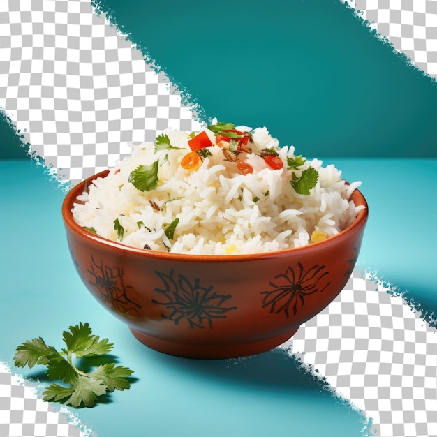 Indian basmati white rice cooked in a ceramic bowl with a transparent background