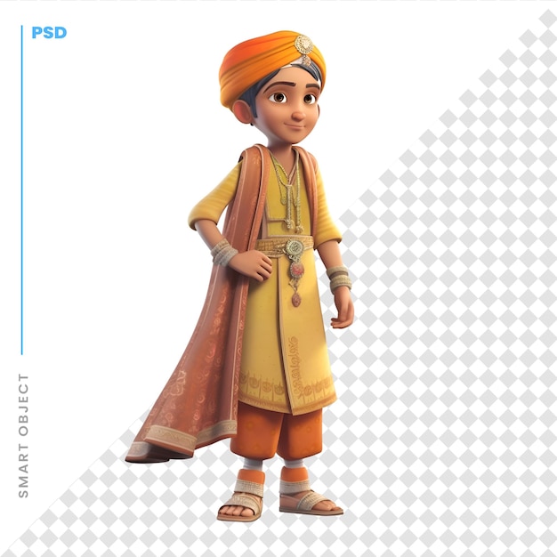 PSD indian boy in traditional clothes isolated on white background 3d rendering