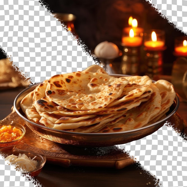 PSD il pane indiano noto come chapati tava roti o fulka è un ingrediente principale comune nel pranzo e nella cena in india. viene spesso servito magnificamente su una lastra di vetro in immagini isolate trasparenti.