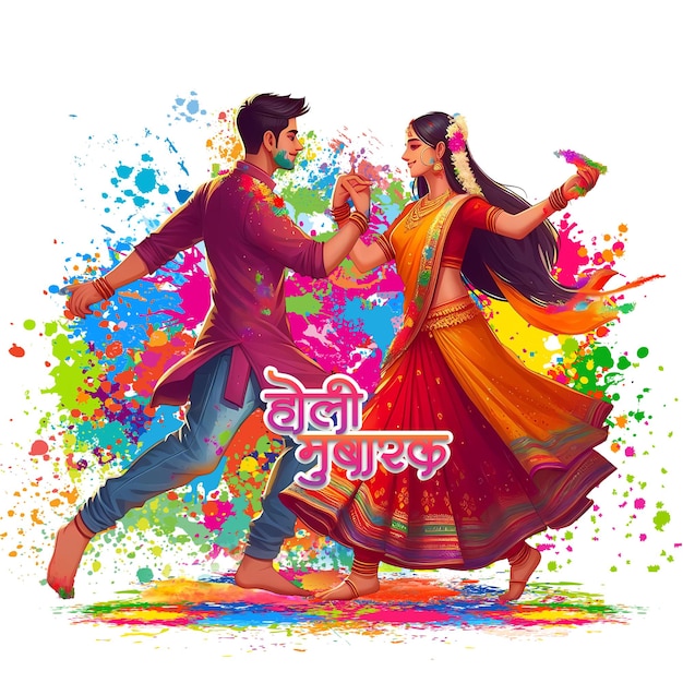 PSD indian couple playing holi festival colorful desig