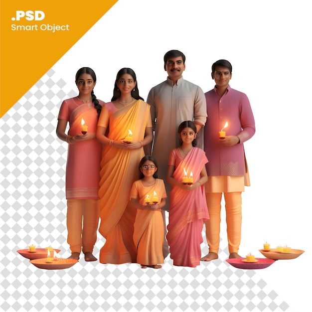 PSD famiglia indiana che celebra diwali o deepavali su uno sfondo bianco