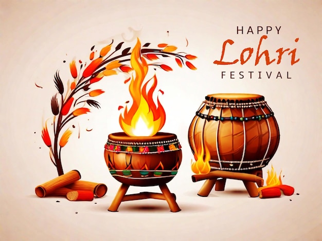 PSD 装飾されたドラムと焚き火の背景で火を燃やすロヒリのインドの祭り