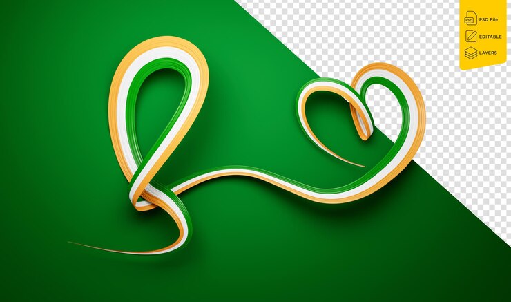 PSD indian flag ribbon making heart isolated on green background 3d illustration