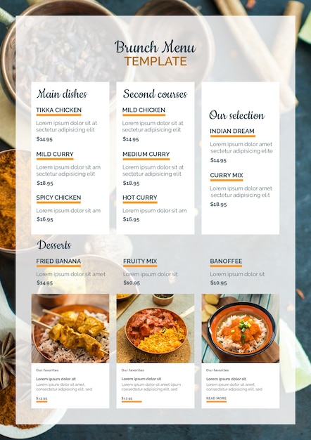 Indian food brunch menu template