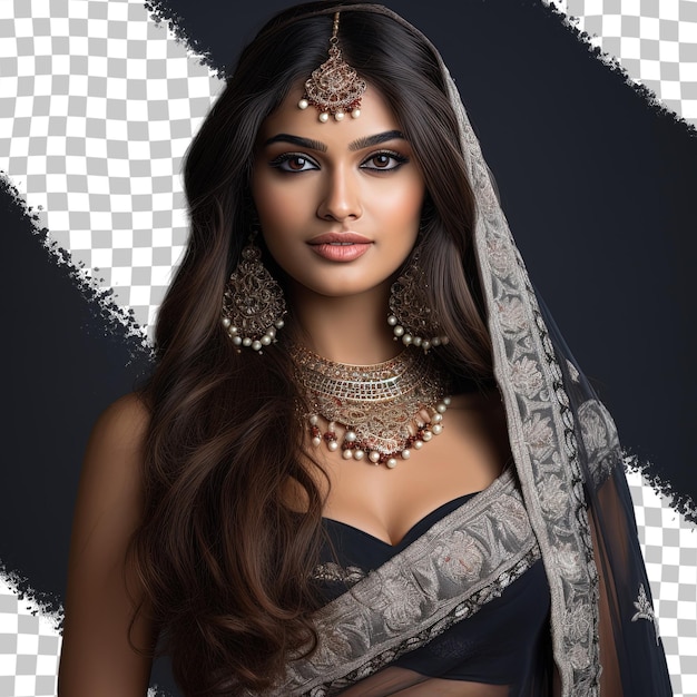 PSD Индийская девушка позирует на прозрачном фоне, излучая красоту в традиционной одежде