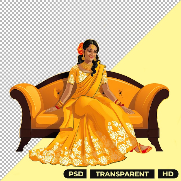 PSD a indian haldi bride on couch isolated on a transparent background