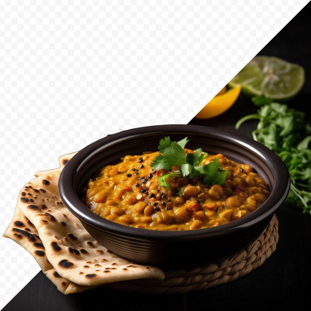 Indian lentil curry with rice and roti showcased in a bowl focused