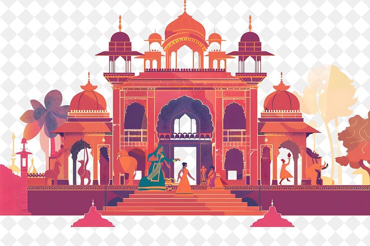 PSD indian palace with characters having a bollywood dance desig people life style flat illustration