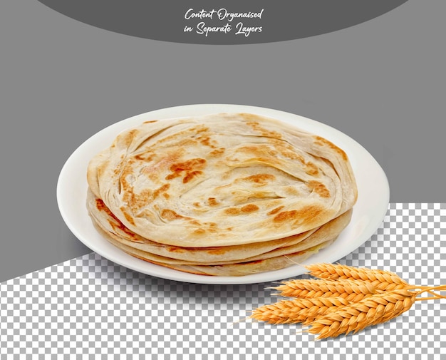 PSD indian paratha in a white plate isolated on transparent background