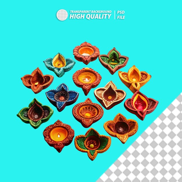 Indian rangoli diyas on transparent background