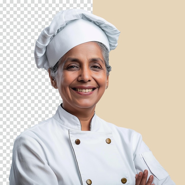 PSD indian senior female cook in chef uniform posing crossed arms on transparent background psd