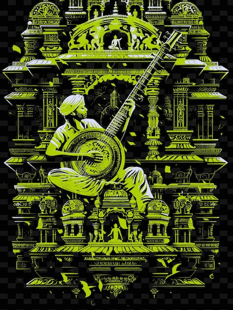 PSD Индийский игрок на ситаре выступает в храме с сложными музыкальными плакатами.
