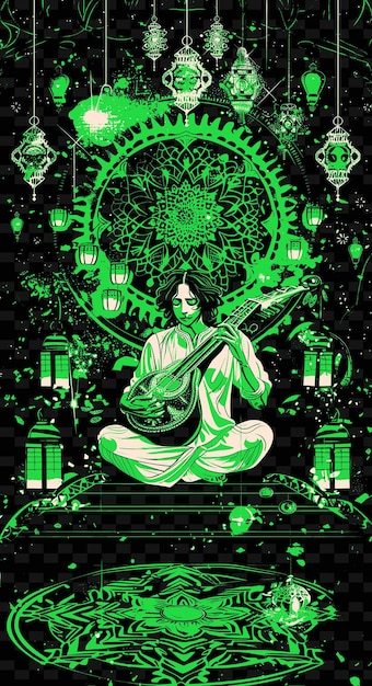 PSD indian sitar player sitting cross legged on a stage with int illustration music poster designs