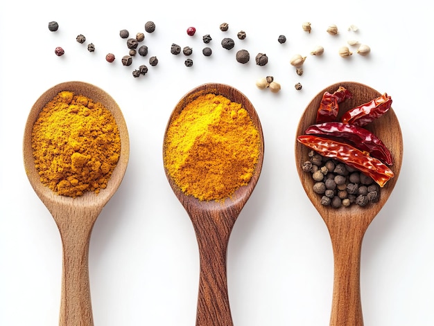 indian spices top shot salt turmeric coriender seeds powder kept in wooden spoons white background