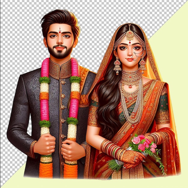 A Indian wedding couple standing wearing silk saree and sherwani