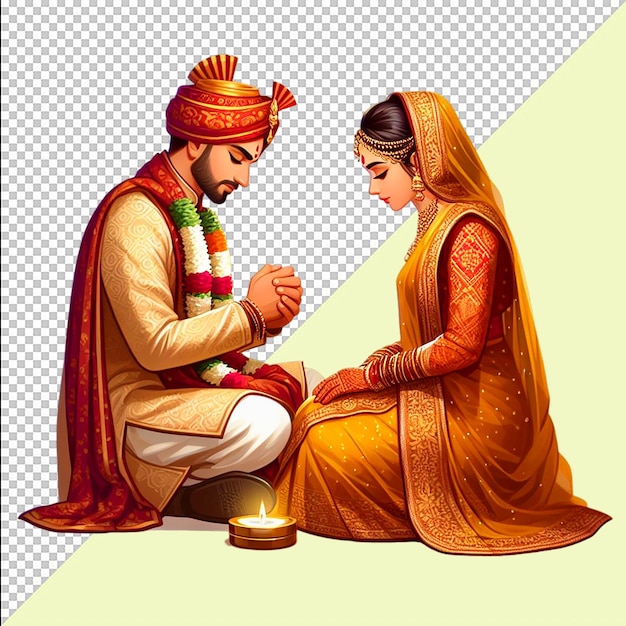 PSD Индийская свадебная пара в костюме и лехенге на прозрачном фоне