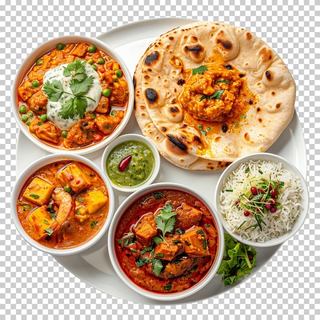 Indiase gerechten paneer roti nan indiase keuken indiase thali rijst geïsoleerd op doorzichtige achtergrond